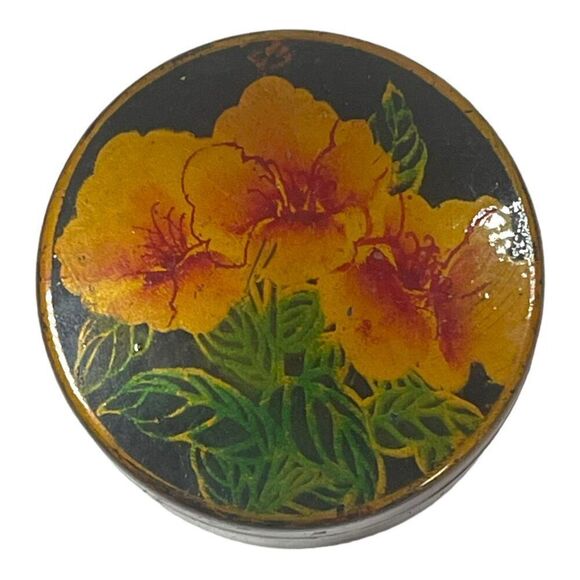 Hand-Painted Floral Black Lacquer Ring Jewelry Trinket Box Vintage Round Flowers - Picture 4 of 8